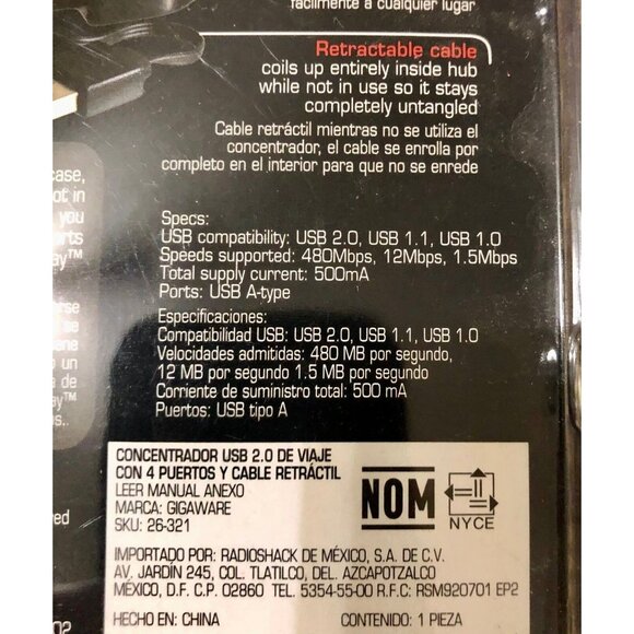 Gigaware 4-Port USB 2.0 Travel Hub with Retractable Cable Used - Picture 8 of 8